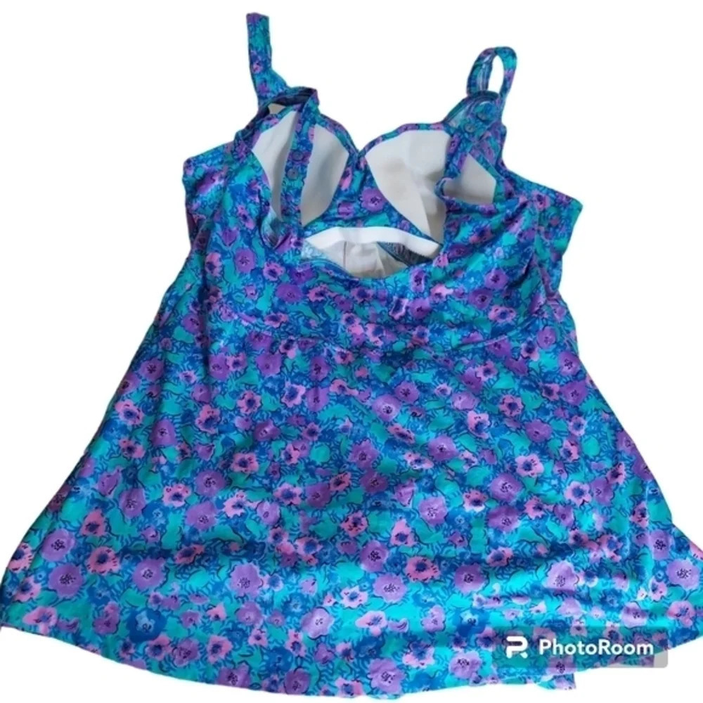 Maxine of Hollywood Blue Green‎ Purple Pink Floral Swimsuit with side splits - Picture 2 of 14